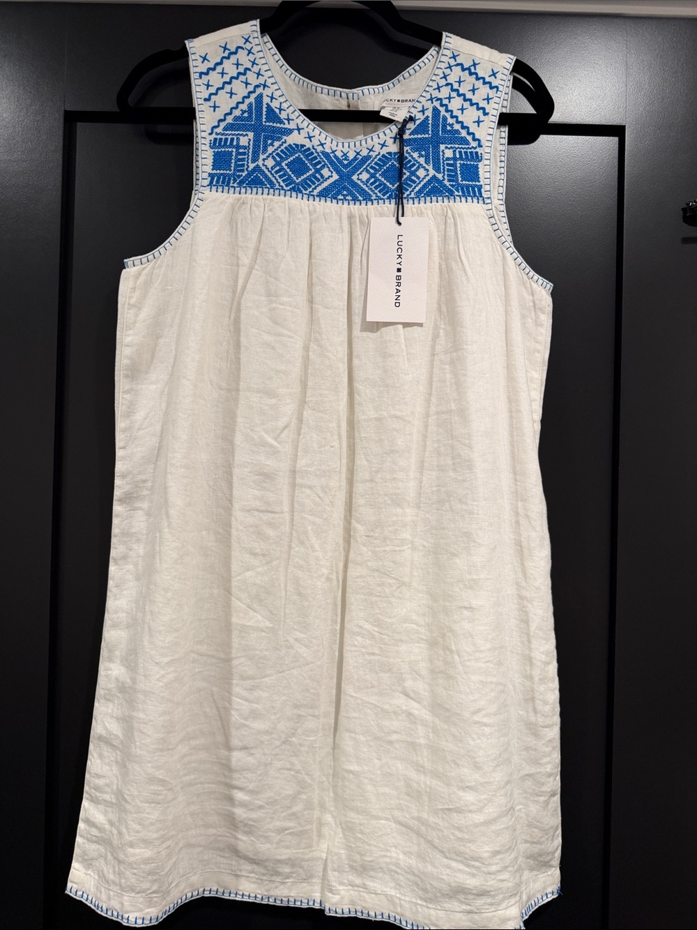 Lucky Brand White Sleeveless Mini Dress with Blue Embroidered Yoke